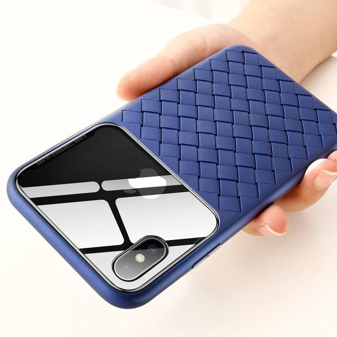 iPhone [3 in 1 Combo] Cross Knit Window Case + Tempered Glass + Lens Protector